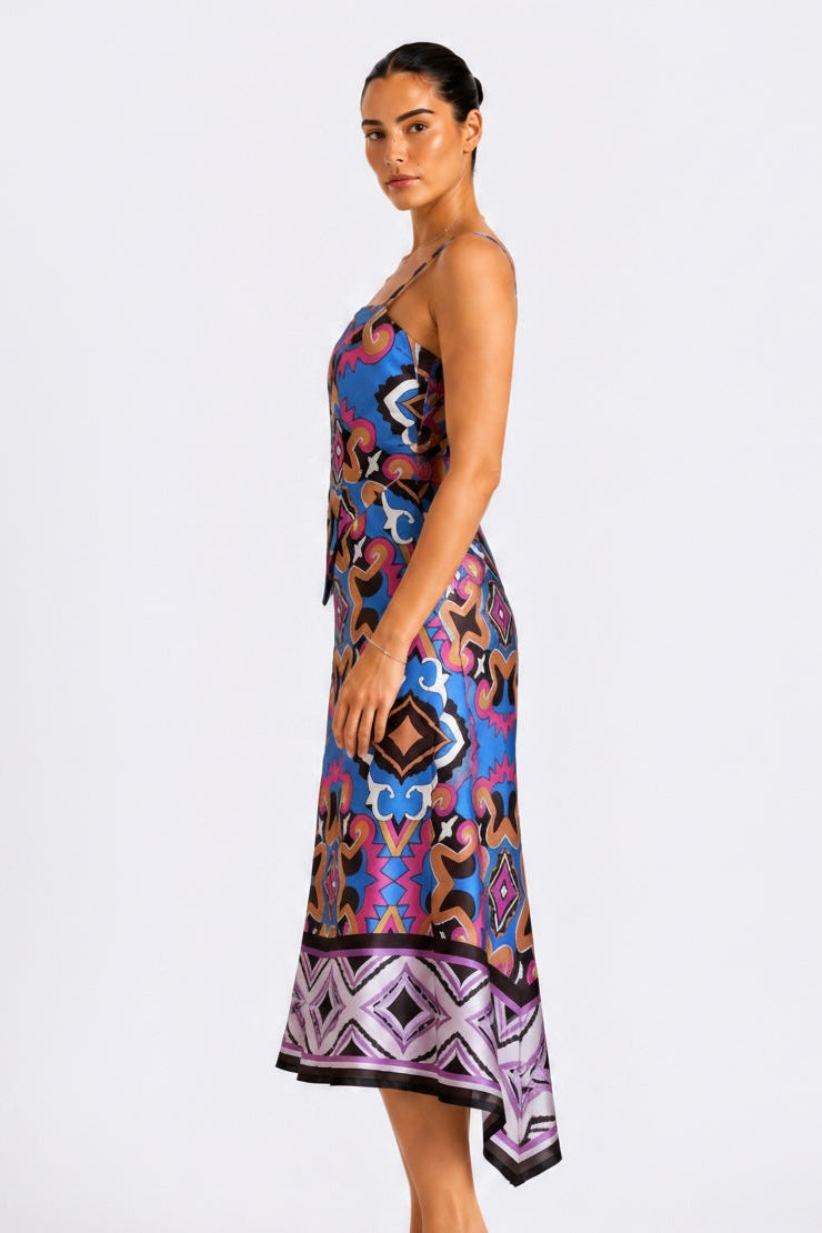 Fraeya Riviera blue print maxi dress luxury womenswear designed in Dubai